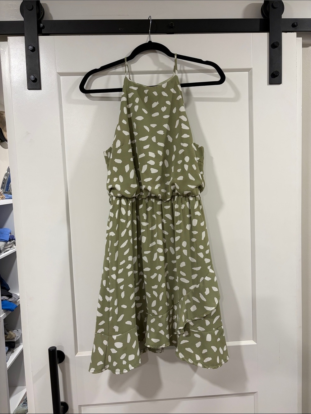 She and Sky Olive Green Mini Dress with White Spot Print